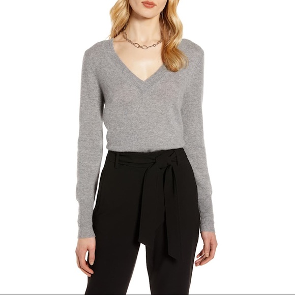 Halogen Cashmere V-neck Sweater Grey Small
